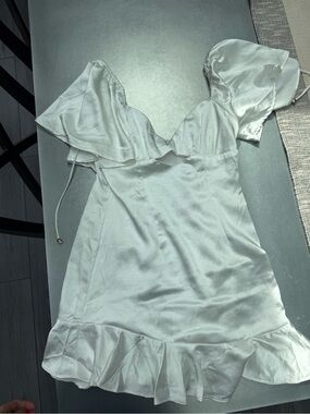 Selfie Leslie White Satin Ruffle Mini Dress